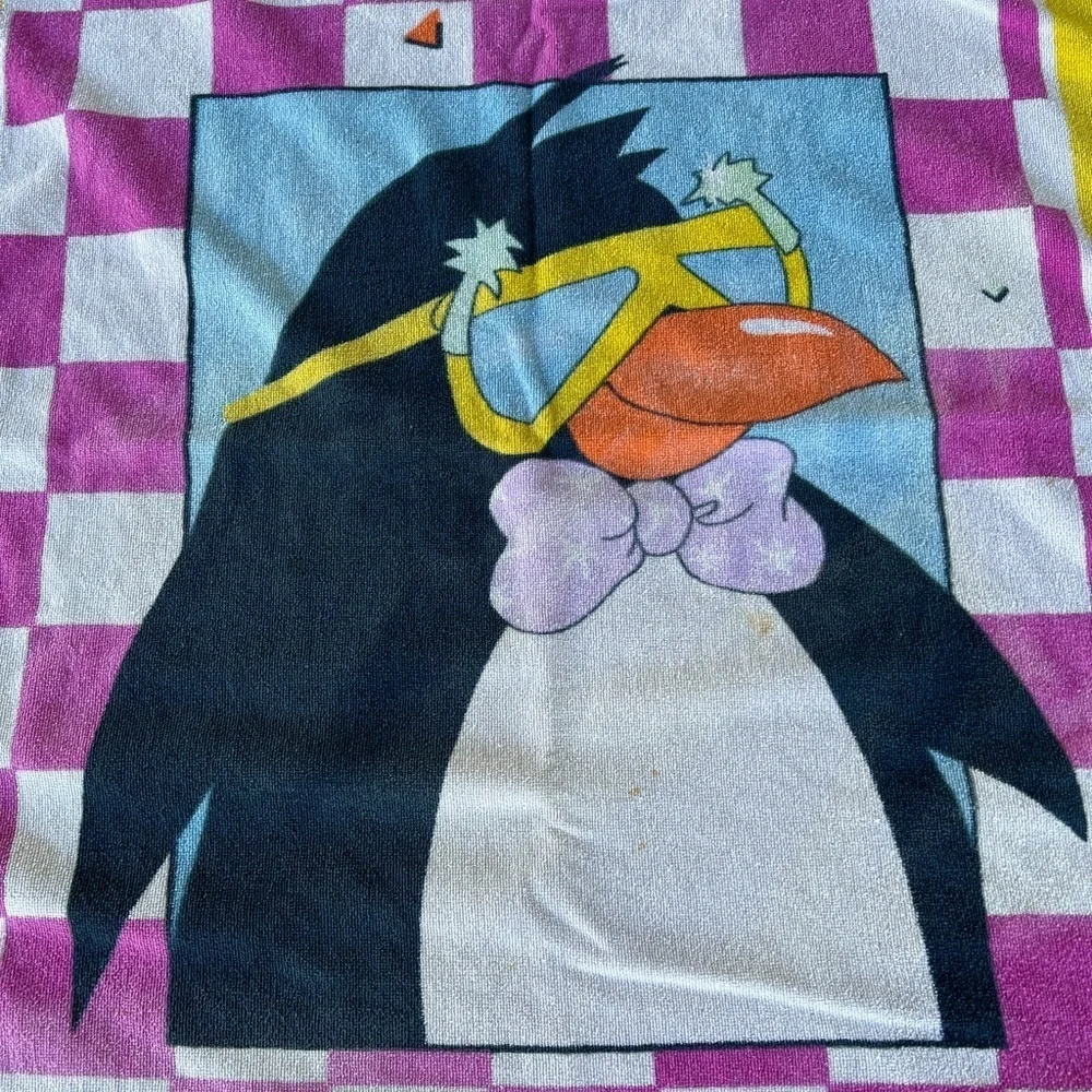 VTG 90s Seaside Zoo Checkered Beach Towel A La Carte Saydah Surf Penguin Zebra
